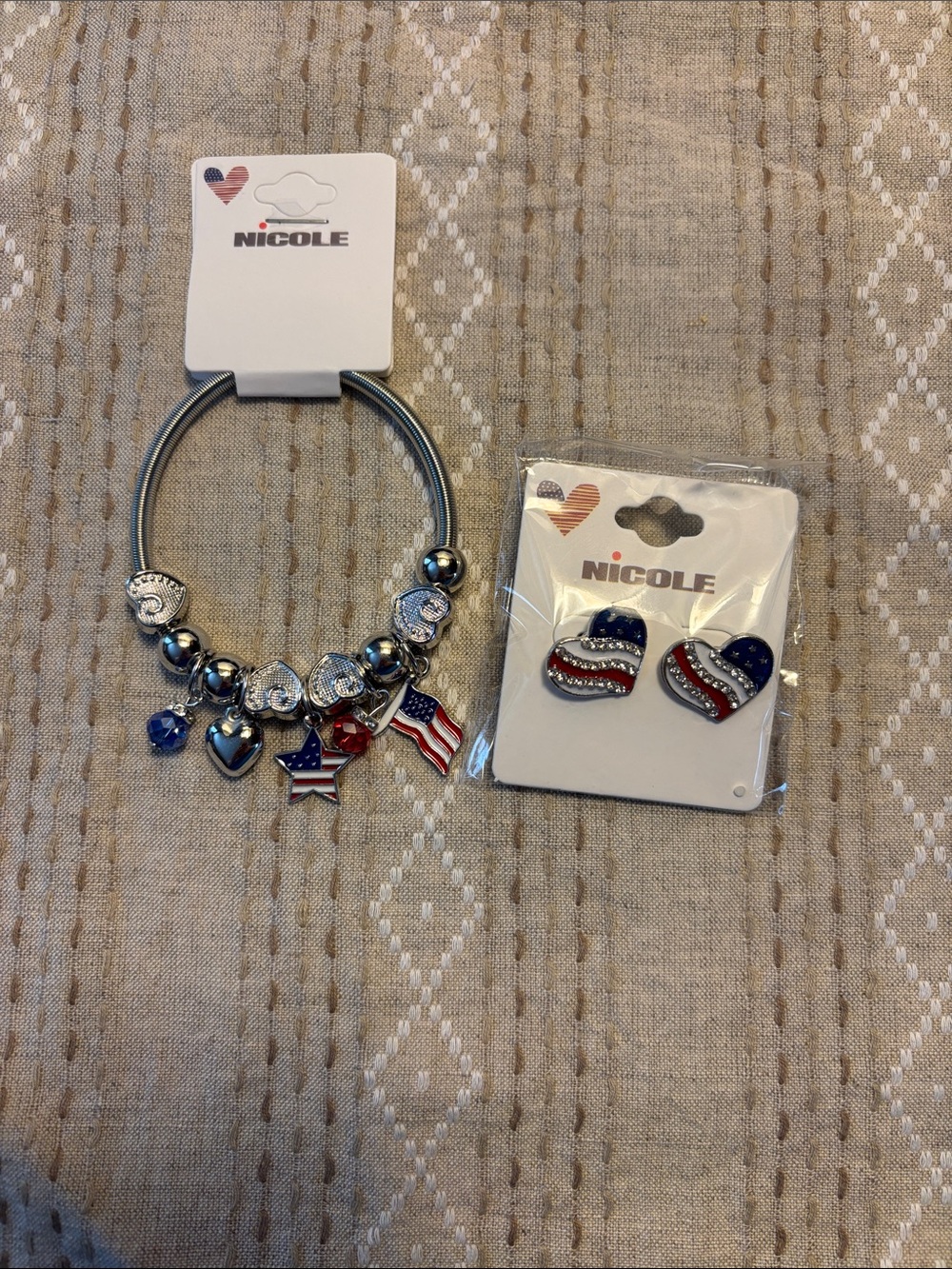 American Flag Charm Bracelet and Earring Set- Silver Tone